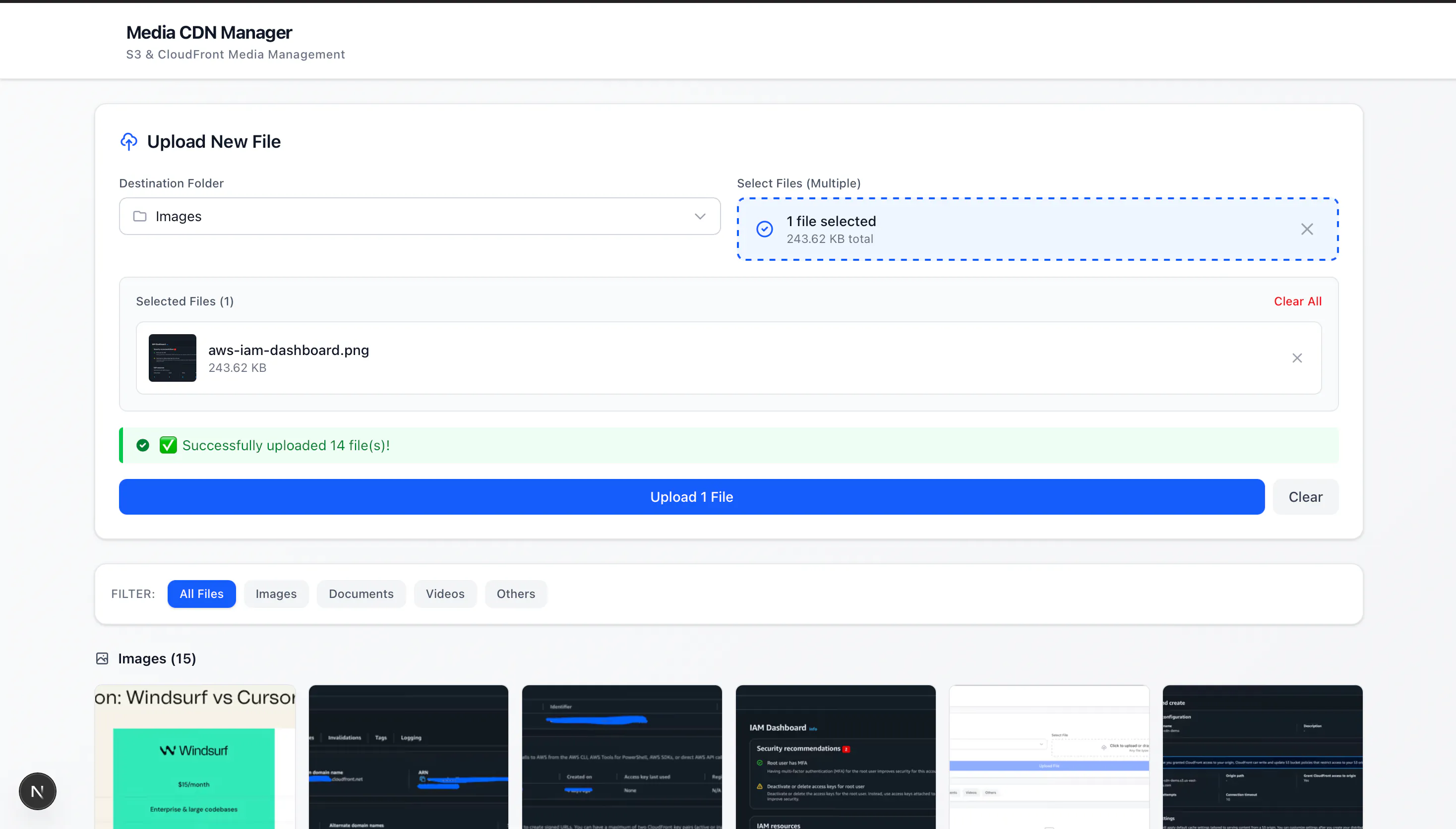AWS S3 CloudFront CDN Media Manager Next.js UI